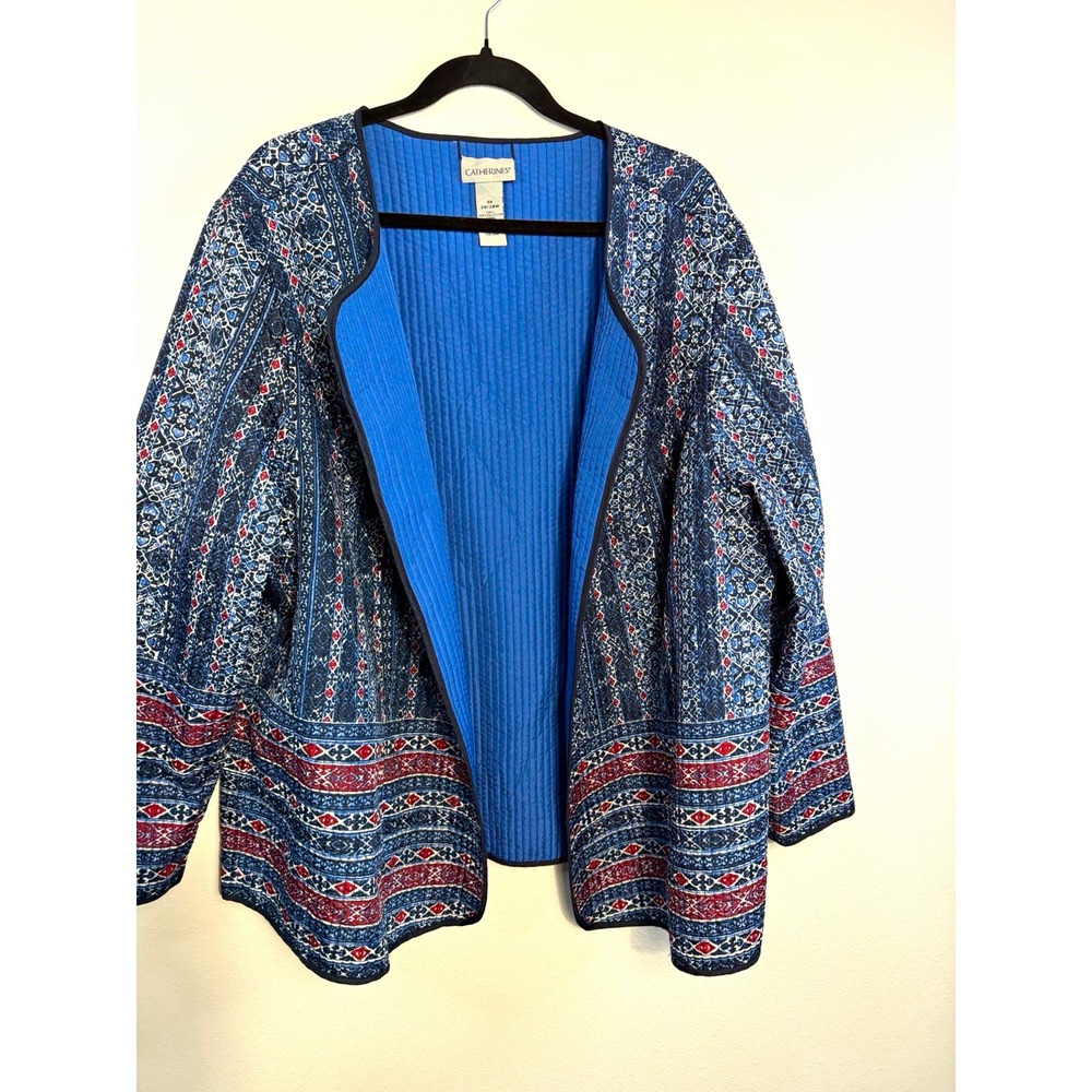 Catherines Quilted Open Front Lined Jacket Blue Red Geometric Size 3X